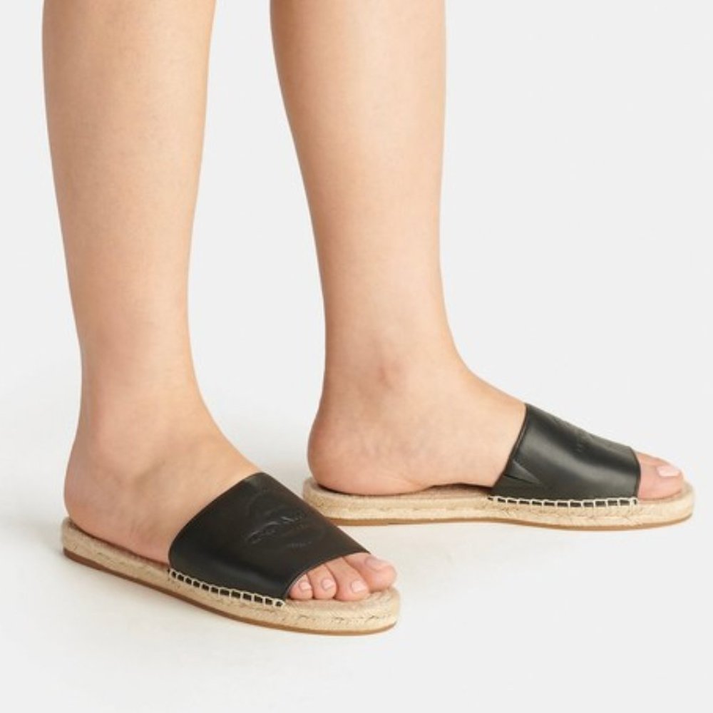 COACH Cailin Black Leather Espadrille Slides - Picture 1 of 4
